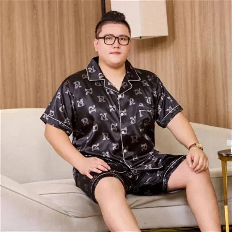 160kg 5XL Plus Size Satin Loose Loungewear Men Short Sleeve Ice Silk Pajama Button Down 2-Piece Pjs Set Sleepwear Home Clothes