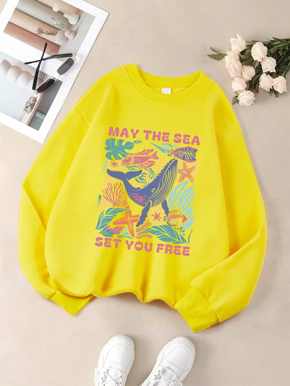 May The Sea Set You Free Printed Sweatshirts Womens Winter Fleece Warm Hoodies Crewneck Loose Pullover Basics Sporty Clothes