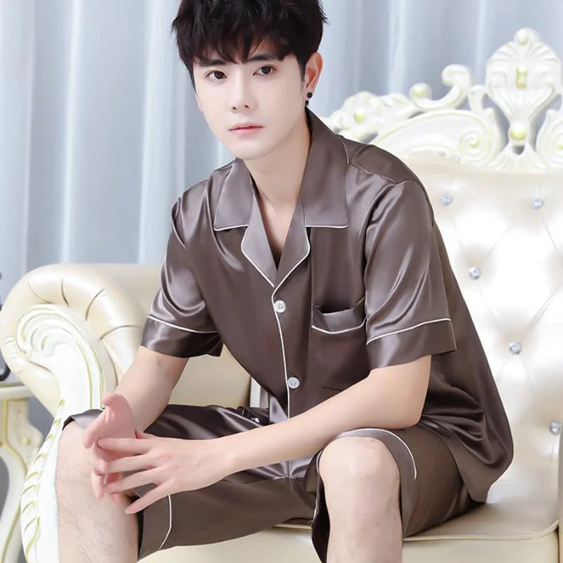 Summer Men's New Ice Silk Pajamas Homewear Suit Men's Thin Short-Sleeved Shorts Loose Large Size Youth Fashion Leisure Suit