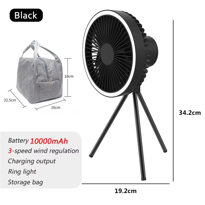 10000mAh Camping Fan Rechargeable Desktop Portable Circulator Wireless Ceiling Electric Fan with Power Bank LED Lighting