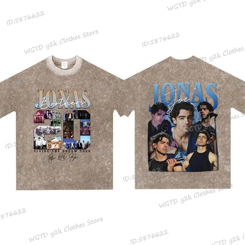 Vintage Jonas Bros 20th Annivesary Tour 2025 Print T-Shirt Short Sleeve Washed Tee Summer Women Men Shirt Casual Cotton Clothing