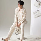 Pajamas Suit Men Pure Cotton Long-sleeved Striped Printed Cardigan Sleepwear Winter Soft Breathable Homewear Men Loungewear Set