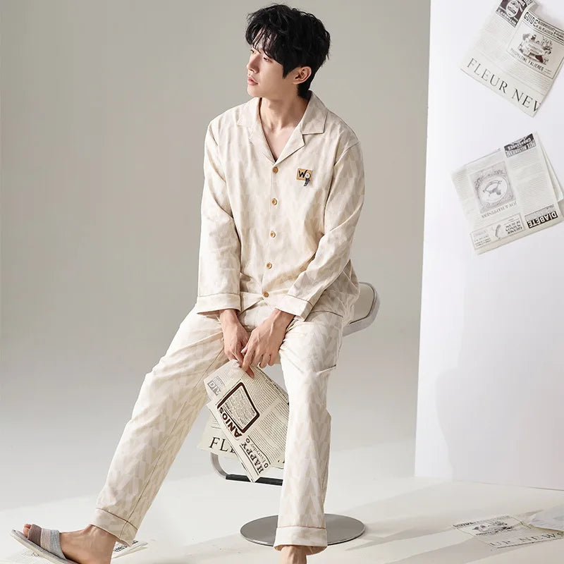 Pajamas Suit Men Pure Cotton Long-sleeved Striped Printed Cardigan Sleepwear Winter Soft Breathable Homewear Men Loungewear Set