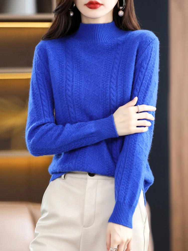 Chic Autumn Winter Soft Sophisticated Sweater Women's Mock Neck Pullover 100% Merino Wool Knitwear Solid Color Casual Tops