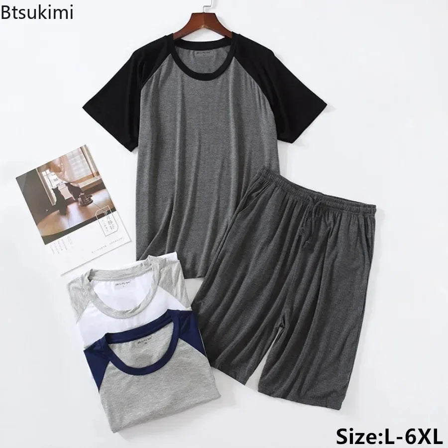 2025 Men's Summer Modal Pajama Sets O-neck Short Sleeve Tops and Short Pants Home Wear Man Loose Soft Colorblock Nightwear Sets