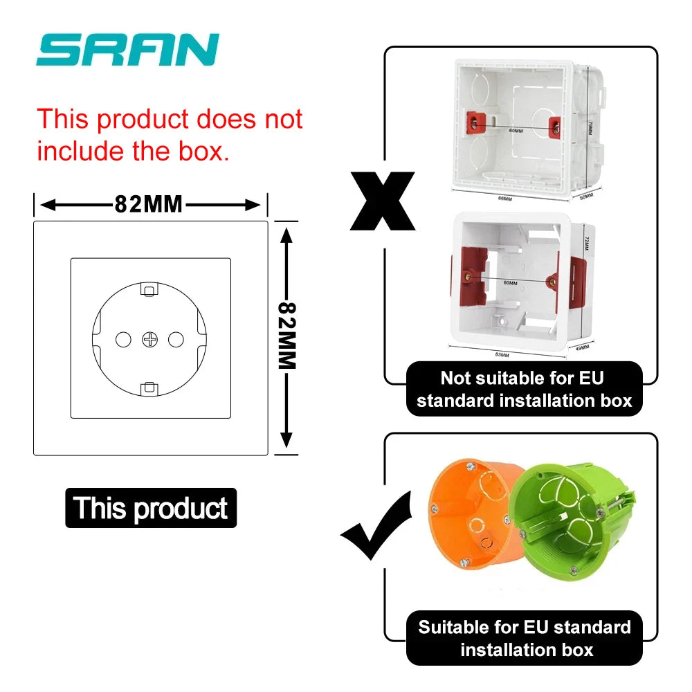 SRAN EU RU Wall Electrical Socket 16A 220V 82*82mm Tempered Glass Power Outlet Home Improvement White/Black