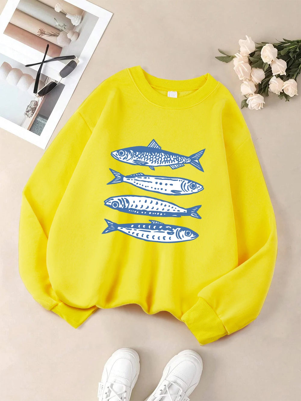 Sardines Blue Printing Sweatshirts Womens Crewneck Basics Hoodies Loose Fleece Warm Pullover Winter Comfortable Womans Clothes
