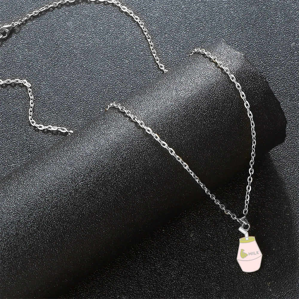 Cartoon Banana Milk Bottle Pendant Necklace with Lobster Clasp Protect Gold Silver Color Alloy Chain Jewelry Gift for Girl Women