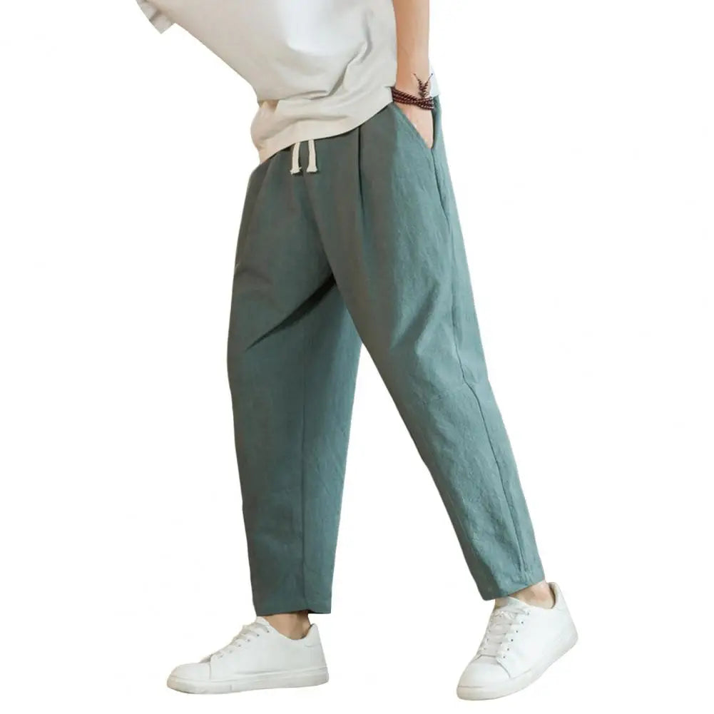 Men Cropped Trousers Men Casual Pants Men's Loose Straight Drawstring Ninth Pants with Elastic Waist Pockets Solid for Daily