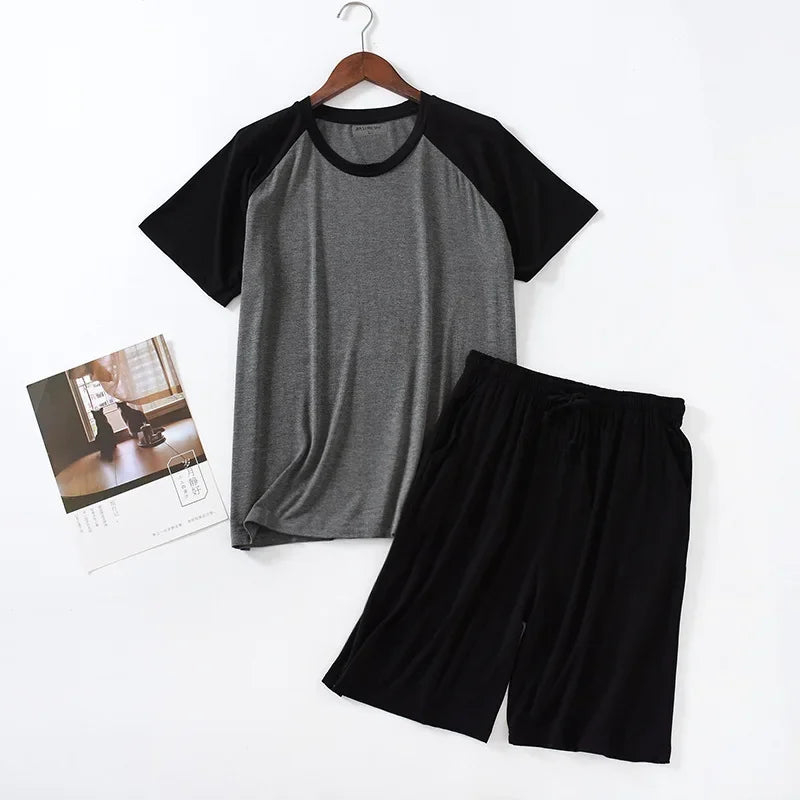 2025 Men's Summer Modal Pajama Sets O-neck Short Sleeve Tops and Short Pants Home Wear Man Loose Soft Colorblock Nightwear Sets