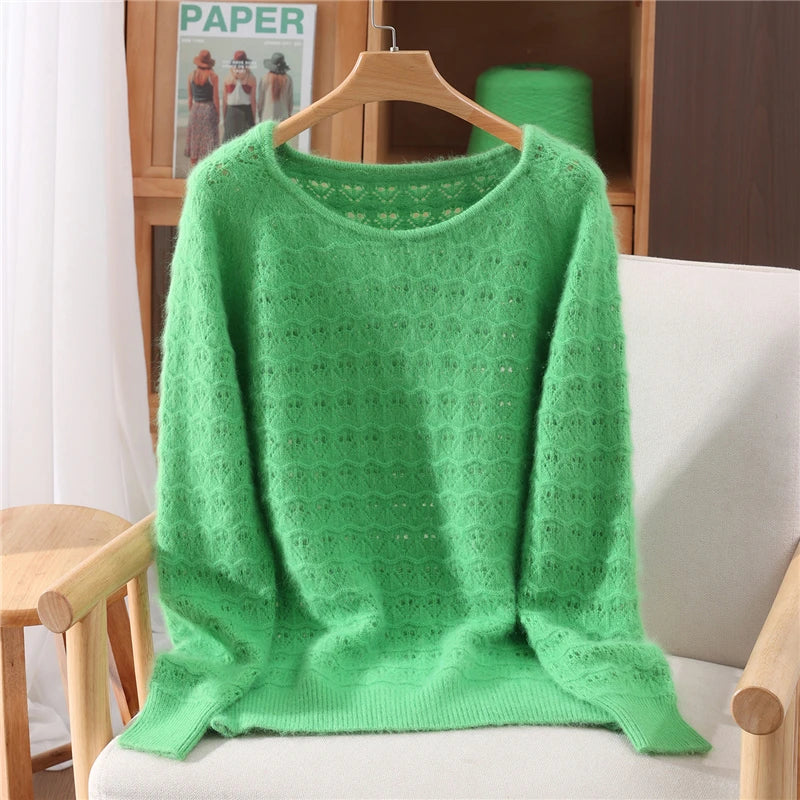 Chic Hollow Out O-Neck Women's Clothing Autumn Winter 100% Mink Cashmere Knitwear Female Autumn Winter Basic Pullover Sweater