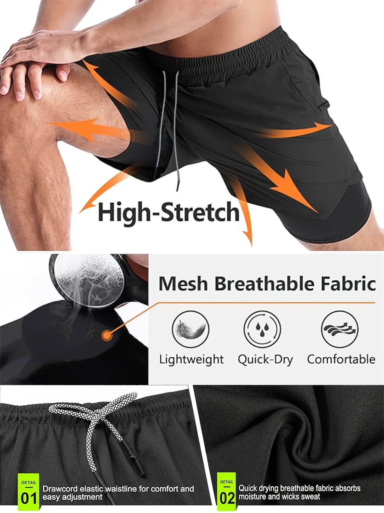 Men's tight fitting sports shorts, BULLPADEL printed sports pants, double-layer, quick drying, basketball, beach, muscle, fitnes
