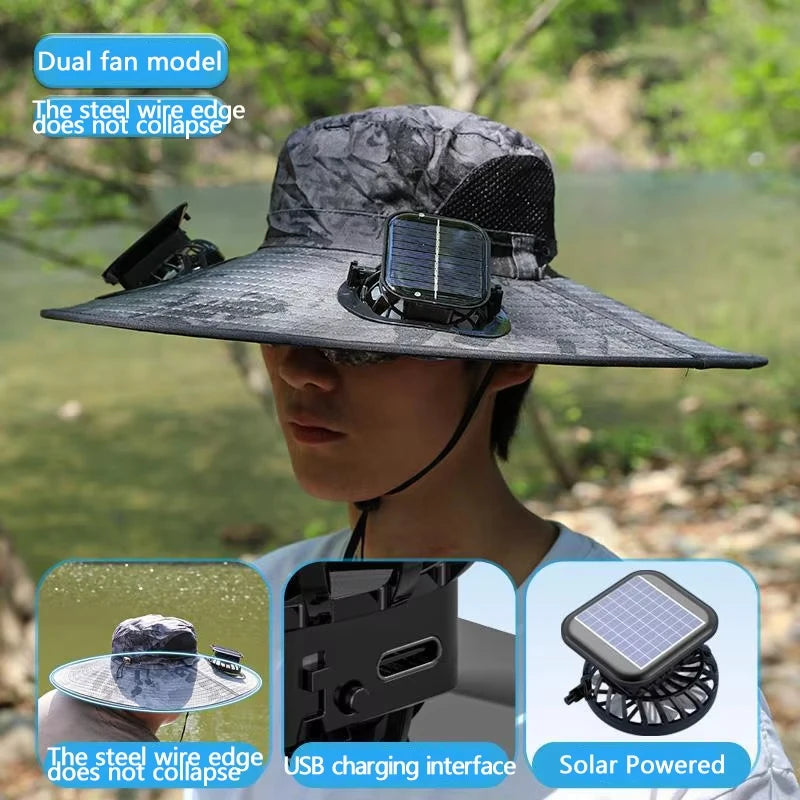 Wide Brim Solar Dual Fan Hat Outdoor Camping Fishing Hat Anti-UV Fan Hat for Men Mountain Climbing Sun Protection Fisherman Hat