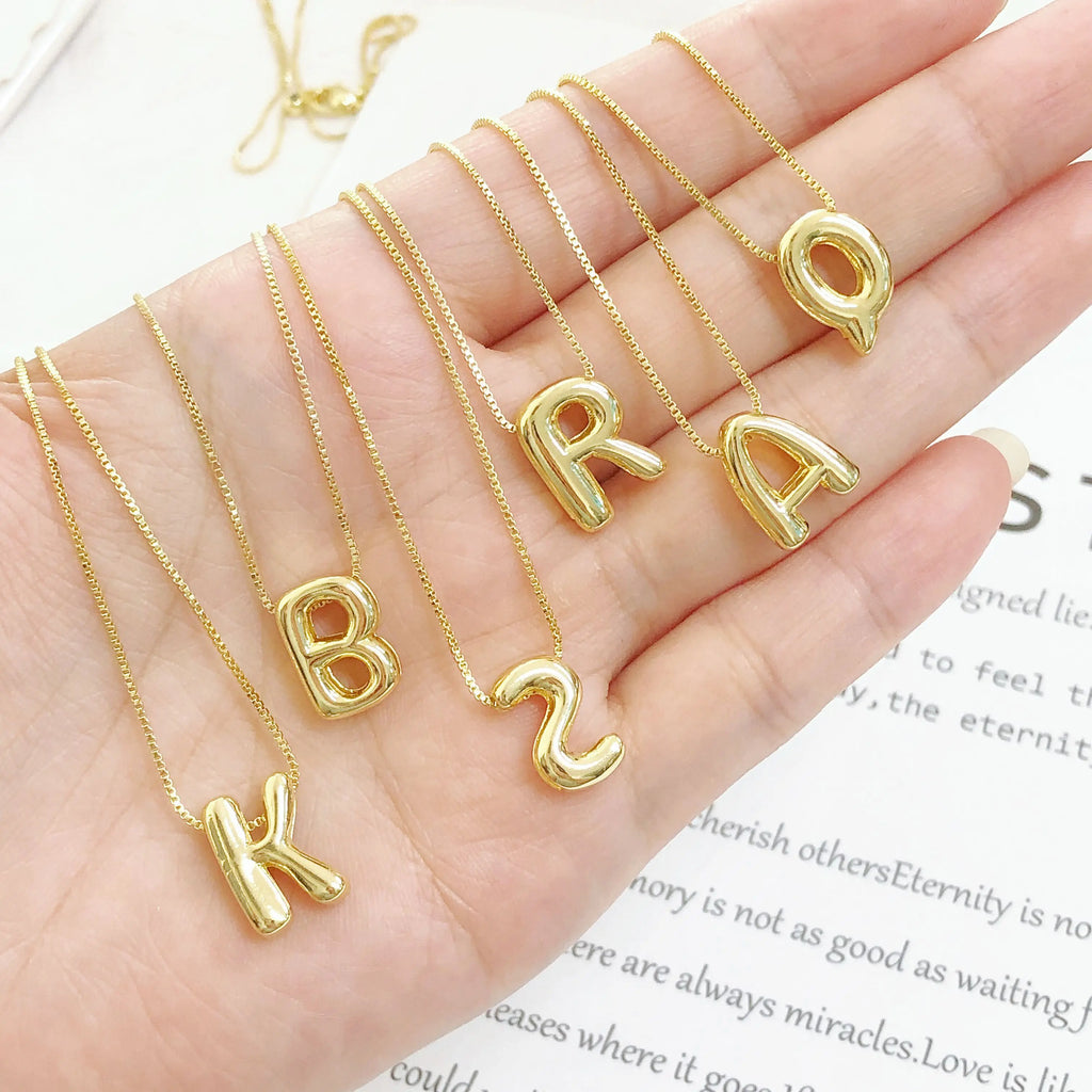 Golden Color Stainless Steel Initial Necklace for Women Girls Chunky Bubble Letter Pendant Necklaces Trendy Collar Jewelry Gift
