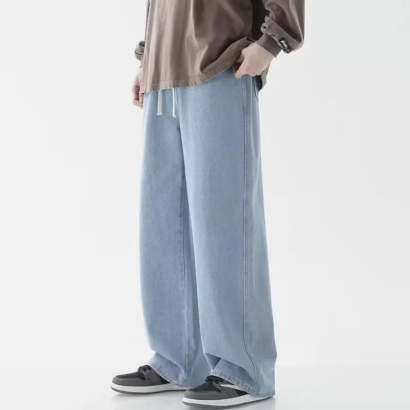 Fashion Men's Solid Color Drape Jeans Loose Straight Korean Vintage High Street Hip-hop Y2K Casual Daily Dragging Wide-leg Pants