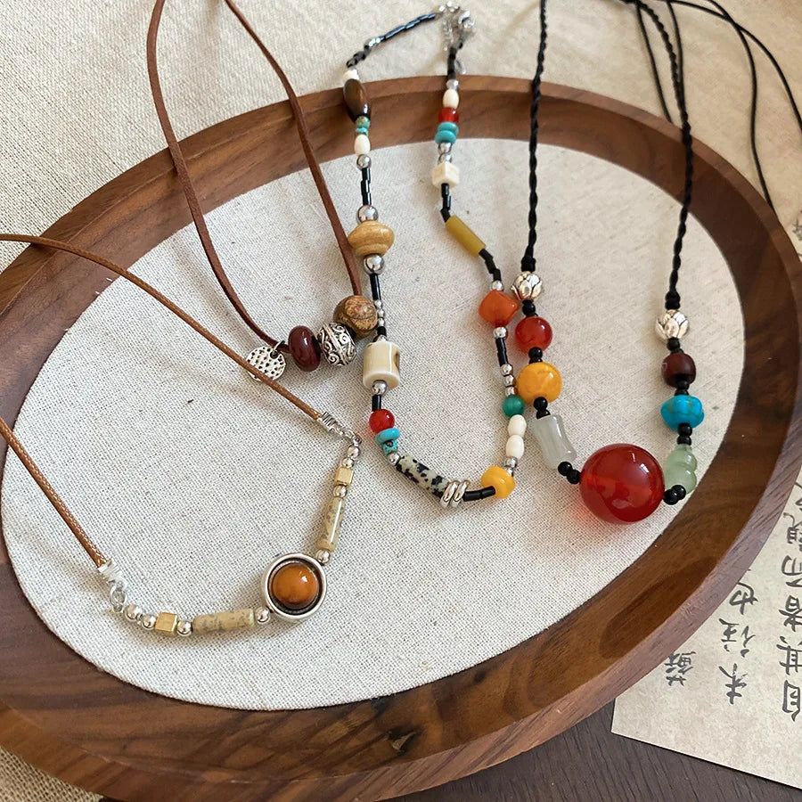 Vintage Ethnic Style Stone Resin Geometric Circular Pendant Bead Necklace Collarbone Chain Choker Aesthetic Jewelry For Women