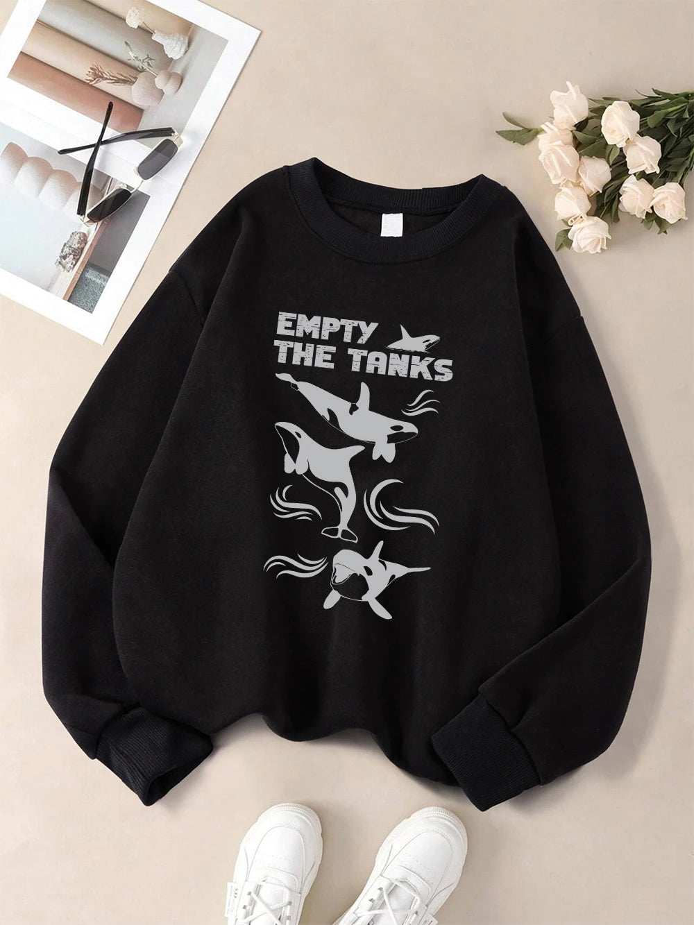 Empty The Tanks Dolphin Printed Sweatshirts Womens Winter Fleece Warm Hoodies Crewneck Loose Pullovers Basics Sporty Clothes