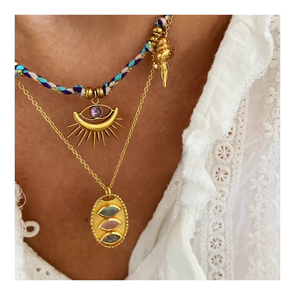 Miranda Fashion Rope Braided Handmade Necklace Drop Natural Stone Devil's Eye Heart Stainless Steel Accessories Popular Jewelry