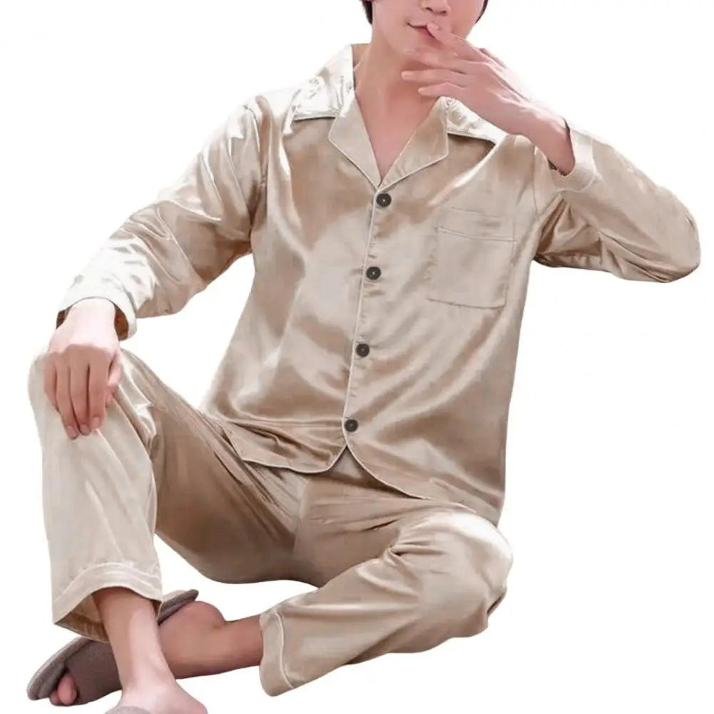 1 Set Men Sleepwear Solid Color Long Sleeved Single Breasted Home Wear Ice Silk Loose Plus Size Pajamas Set For Home