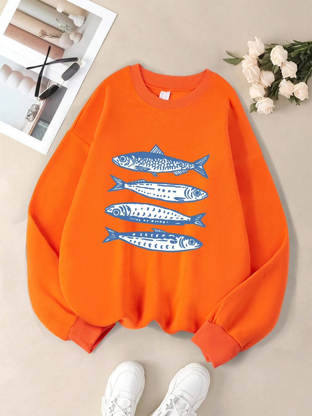 Sardines Blue Printing Sweatshirts Womens Crewneck Basics Hoodies Loose Fleece Warm Pullover Winter Comfortable Womans Clothes