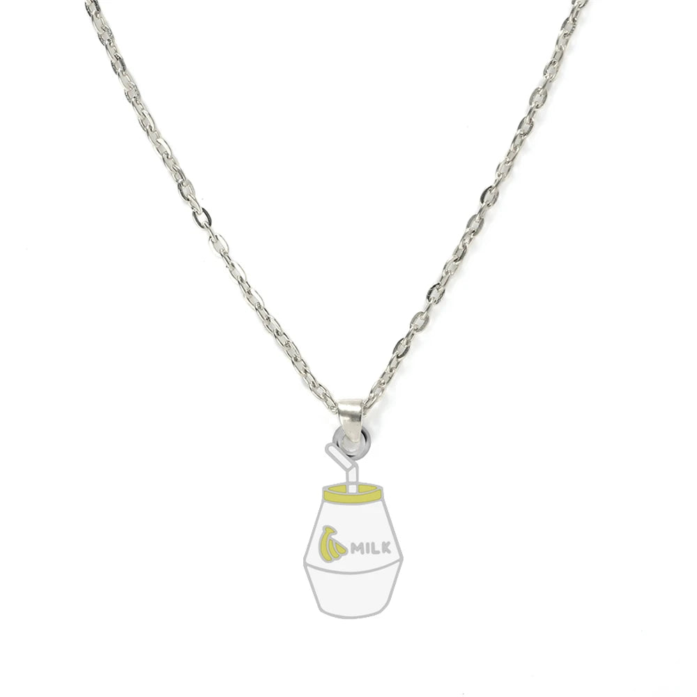 Cartoon Banana Milk Bottle Pendant Necklace with Lobster Clasp Protect Gold Silver Color Alloy Chain Jewelry Gift for Girl Women
