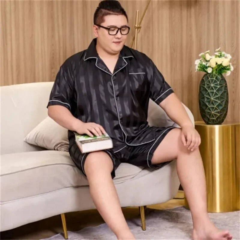 160kg 5XL Plus Size Satin Loose Loungewear Men Short Sleeve Ice Silk Pajama Button Down 2-Piece Pjs Set Sleepwear Home Clothes