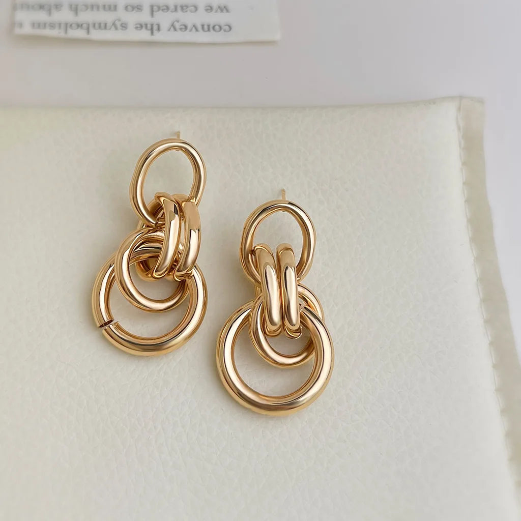 Gold Color Circle Linked Drop Earrings for Women Classic Round Metal Pendant Statement Earring Girl Party Jewelry