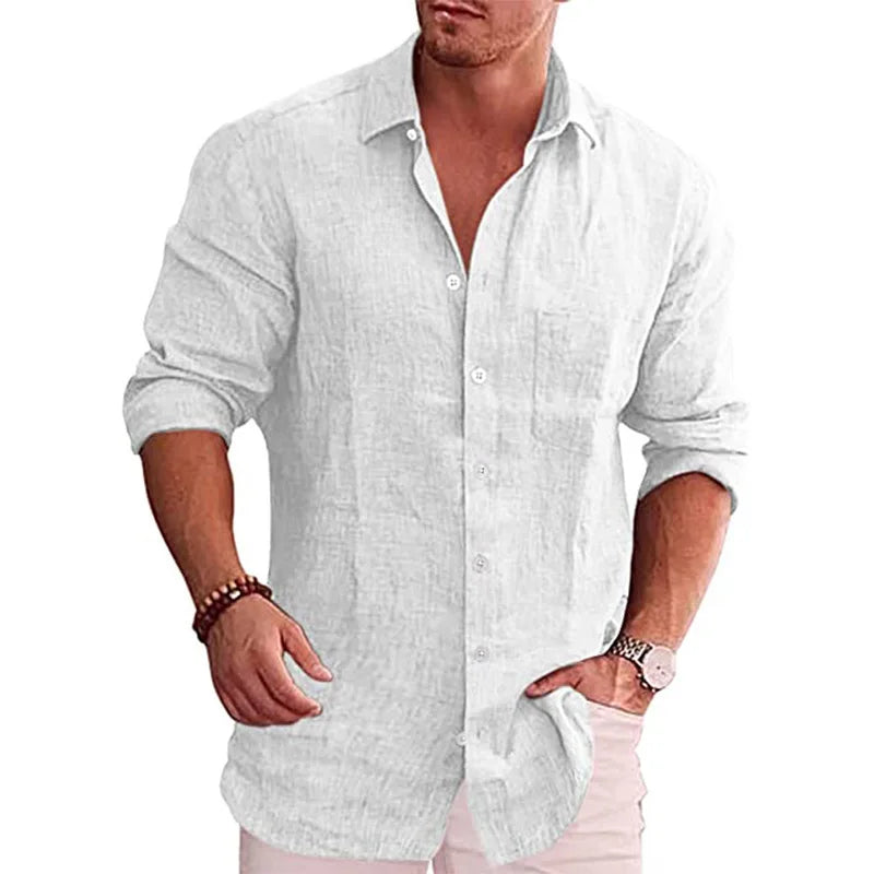 Casual Men Blouse Shirts Slim Turn Down Collar Long Sleeve Button Pocket Flax Business Tops NMD-6653