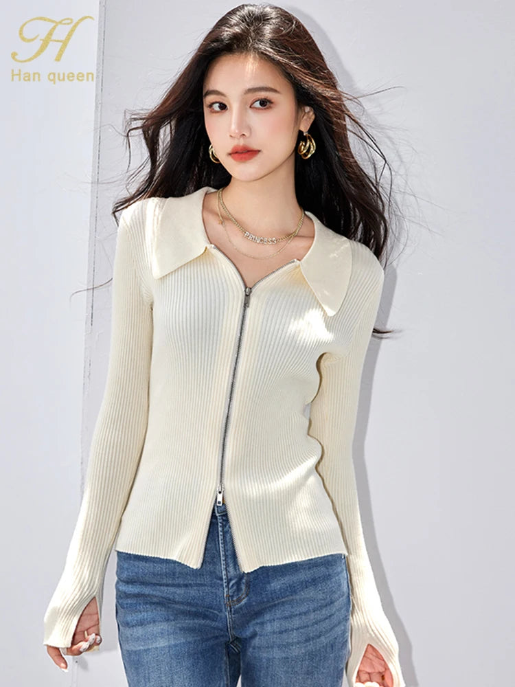 H Han Queen Elegant Basic Cardigan Sweaters Simple Fashion Zip Knitwear Women Long Sleeve Sweater Reviews Many Clothes Outer