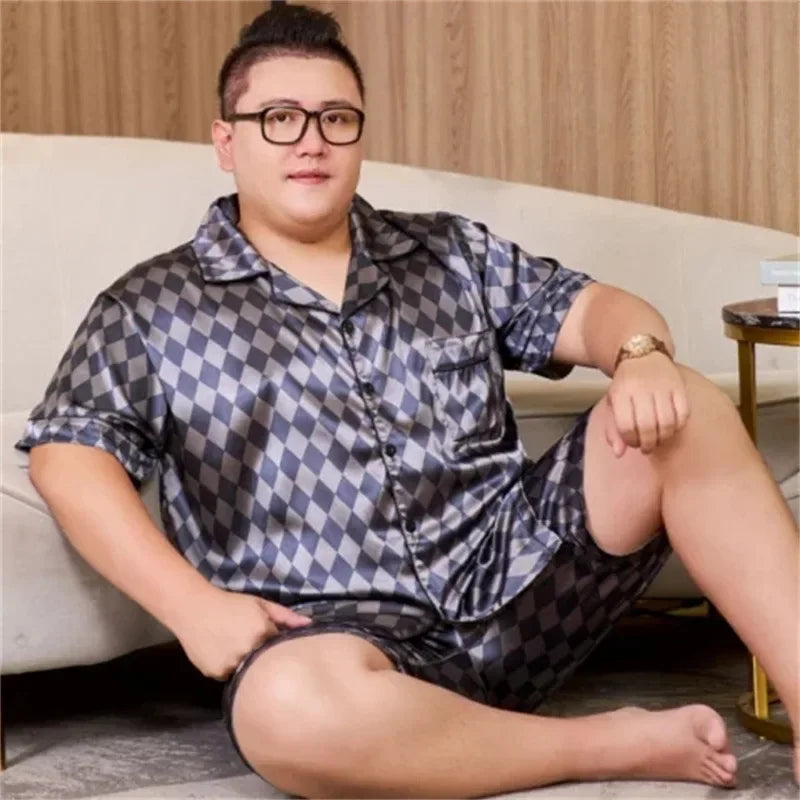 160kg 5XL Plus Size Satin Loose Loungewear Men Short Sleeve Ice Silk Pajama Button Down 2-Piece Pjs Set Sleepwear Home Clothes