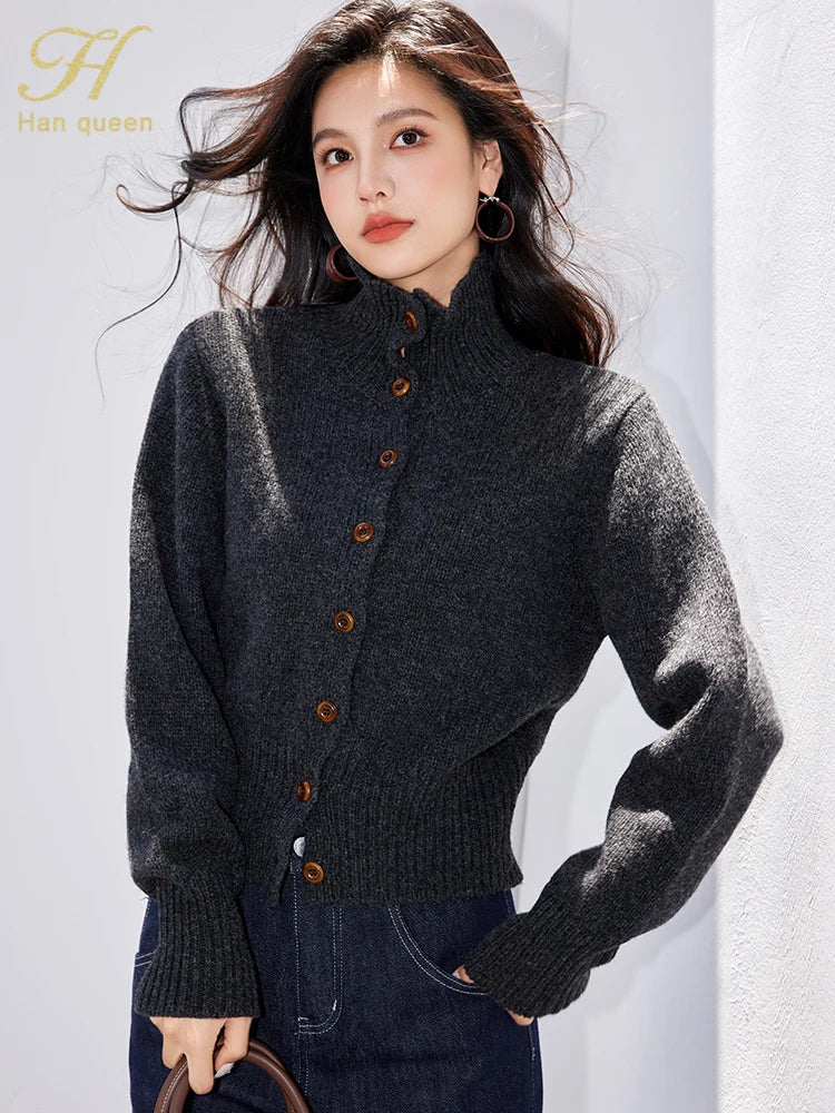 H Han Queen Winter Cardigan Sweater Thickened Warm Lazy Wind Soft Sticky Women's Fashion O-Neck Elastic Vintage Sweaters Tops