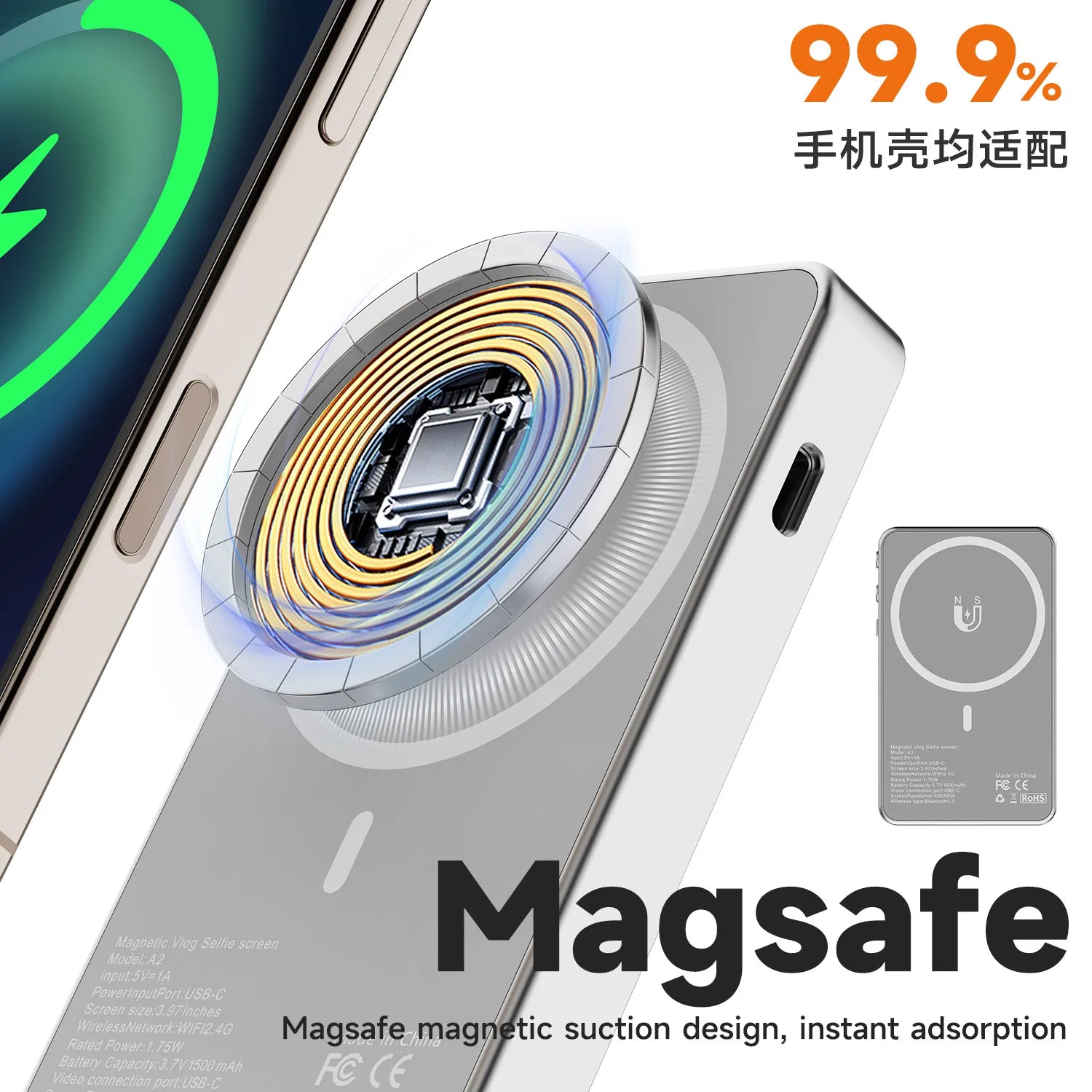 SHIYAN Magnetic Phone Selfie Monitor Screen Wireless Bluetooth Rear Selfie Touch Screen Monitor with Magsafe For iPhone Android