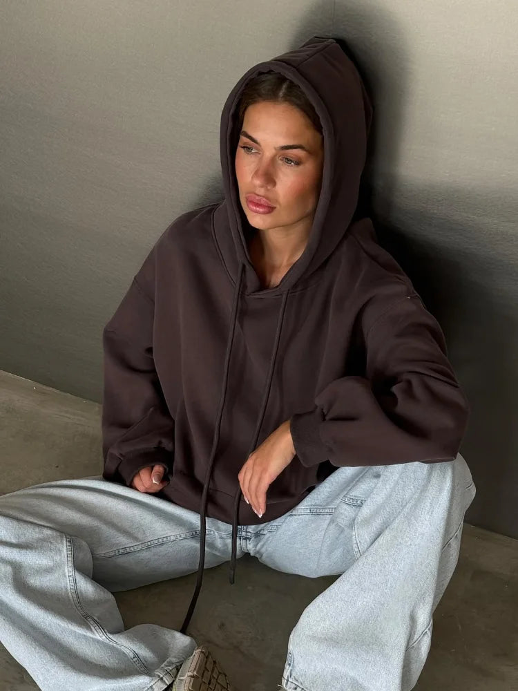 Women Solid Drawstring Hooded Sweatshirt Casual Long Sleeve Loose Pockets Pullover 2025 Autumn Lady Daily Street Sweatshirts