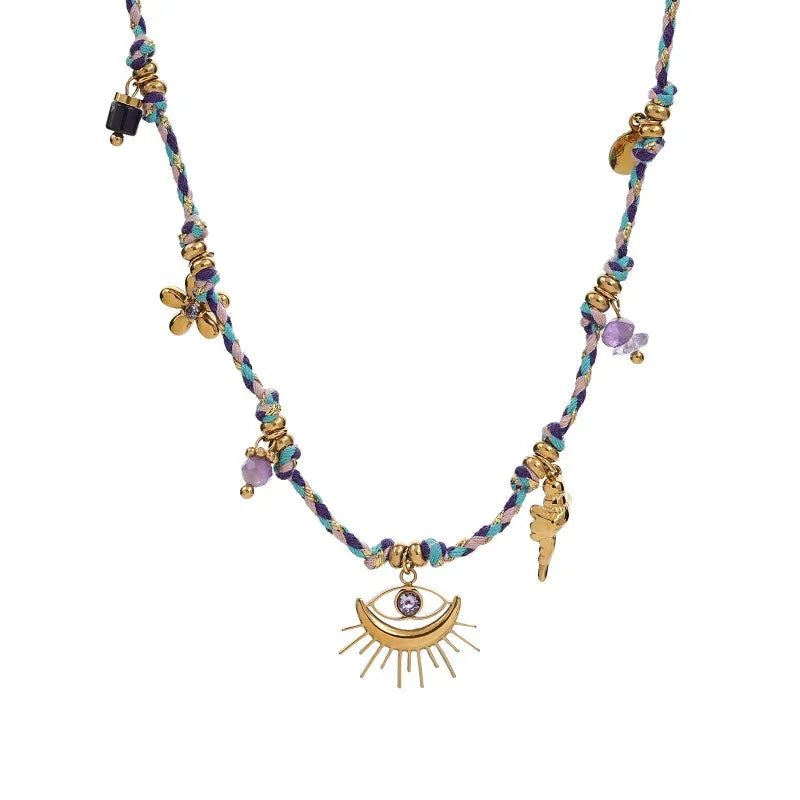 Miranda Fashion Rope Braided Handmade Necklace Drop Natural Stone Devil's Eye Heart Stainless Steel Accessories Popular Jewelry
