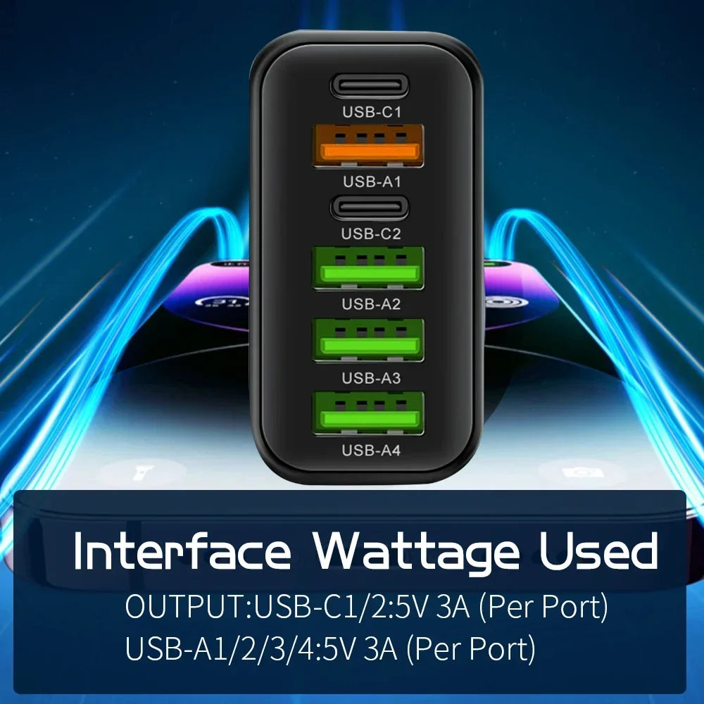 6 Ports 65W USB PD Charger Fast Charging Type C Phone Charger Adapter For iPhone Samsung Xiaomi USB C Quick Charge Wall Charger