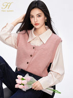 H Han Queen Pullover Sweaters Women Pink Fashion Buttons Elegant Patchwork Knitwear Simple Office Casual Sweater Reviews