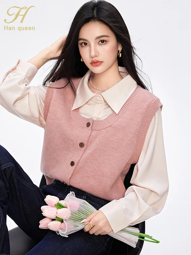 H Han Queen Pullover Sweaters Women Pink Fashion Buttons Elegant Patchwork Knitwear Simple Office Casual Sweater Reviews
