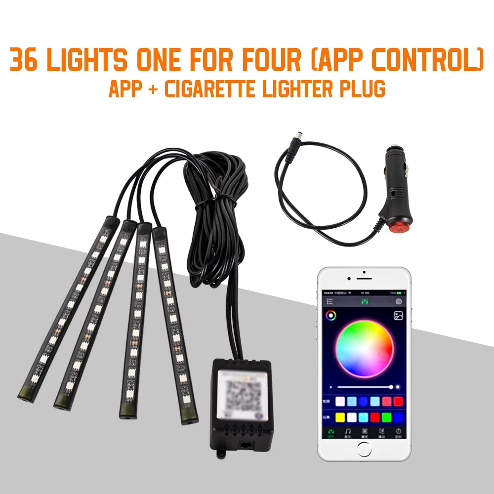 RGB Automotive Atmosphere Decorative Lamp Led Interior Light Strip Car Foot Ambient Lights with USB Cigarette with Remote Voice