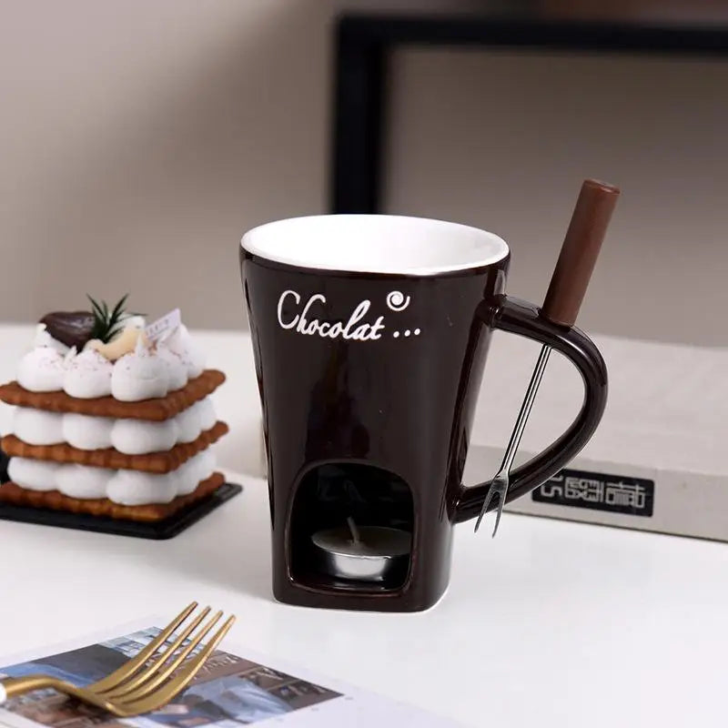 130ml Chocolate Fondue Cup European Candle Cup Ceramic Mug Heating Food Cheese Creative Coffee Mug With Fork Christmas Party