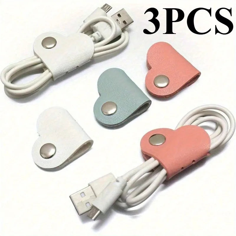 Heart-Shaped Faux Leather Cable Cord Winder Organizer Cable Management Clips for Headphones