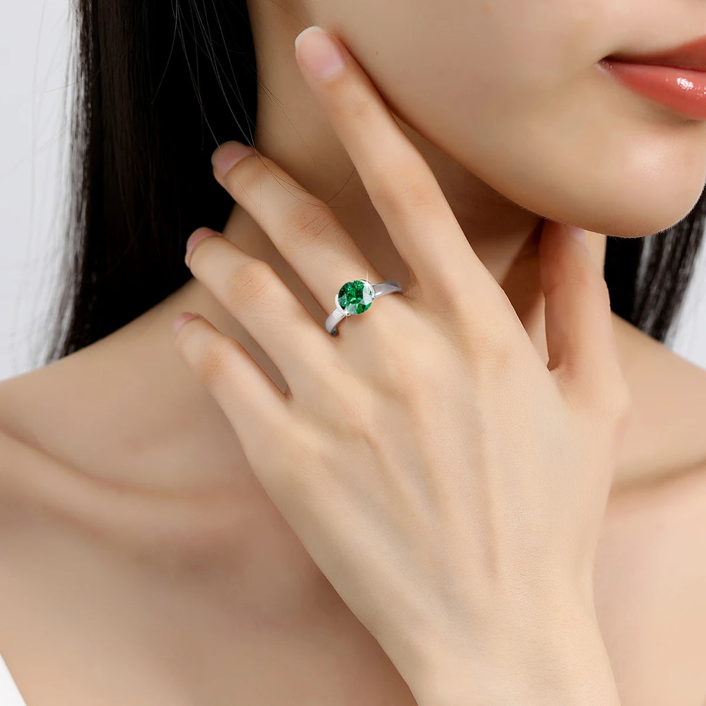 8mm Lab Grown Emerald Ring 925 Sterling Silver Round Cut for Women Men Colorful Rings Engagement Wedding Fine Jewelry