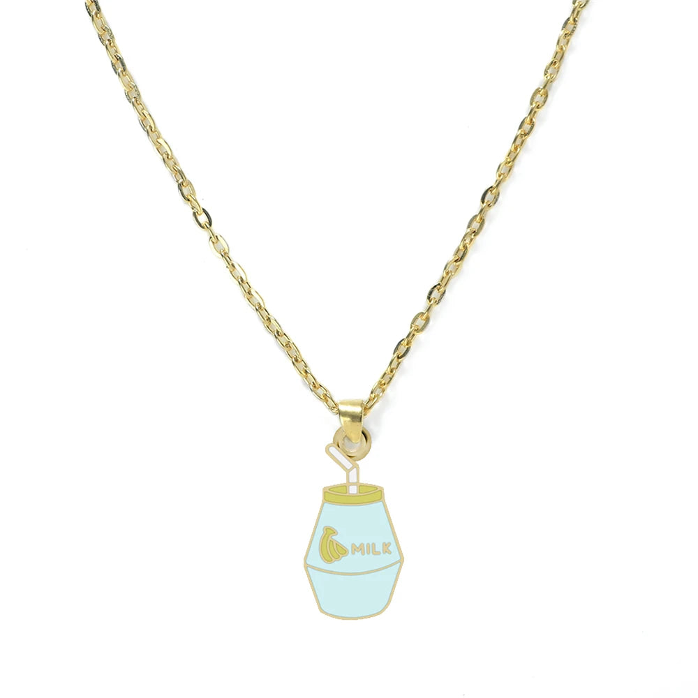 Cartoon Banana Milk Bottle Pendant Necklace with Lobster Clasp Protect Gold Silver Color Alloy Chain Jewelry Gift for Girl Women