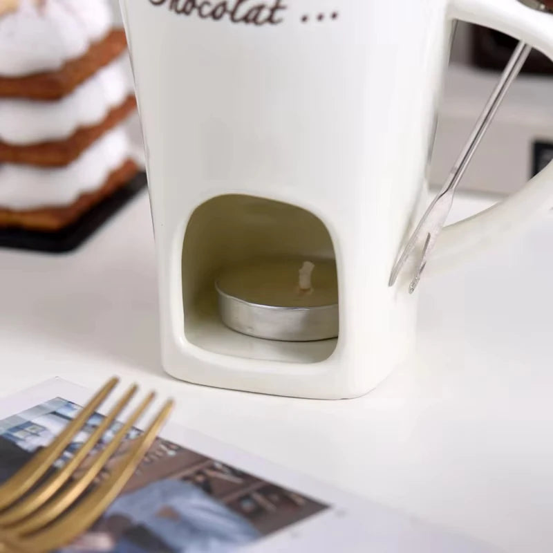 130ml Chocolate Fondue Cup European Candle Cup Ceramic Mug Heating Food Cheese Creative Coffee Mug With Fork Christmas Party