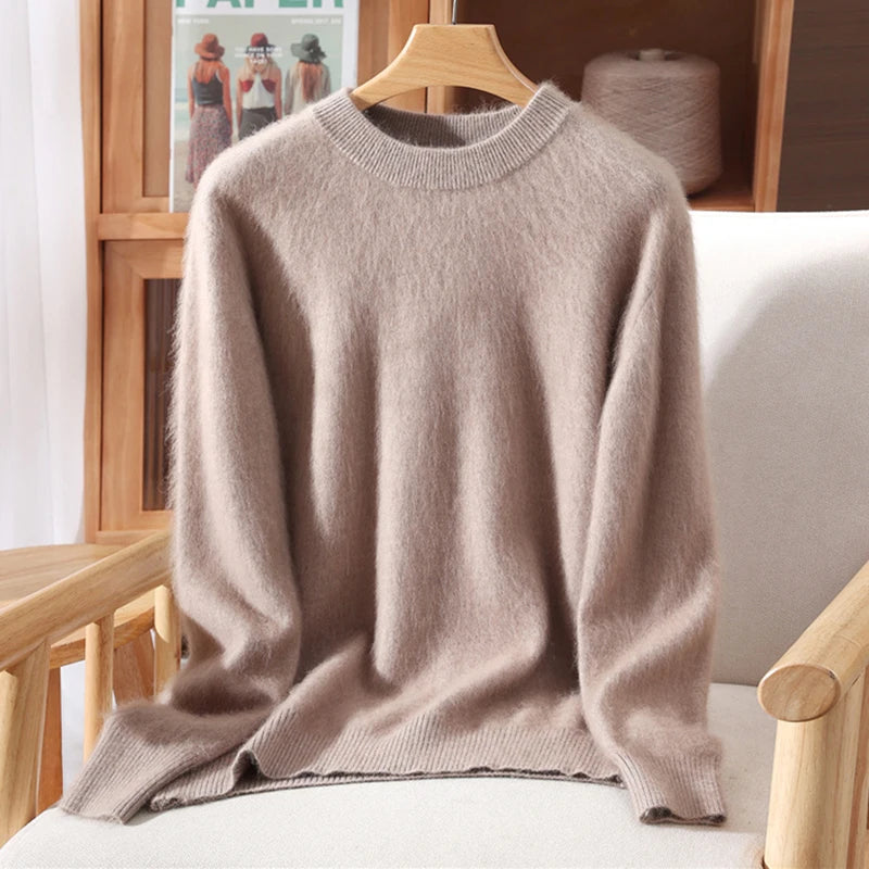 Women's 100% Mink Cashmere Sweater Crewneck Pullover Sweater Fleece Knitted Premium Clothing Winter Warm Long Sleeve Pullover