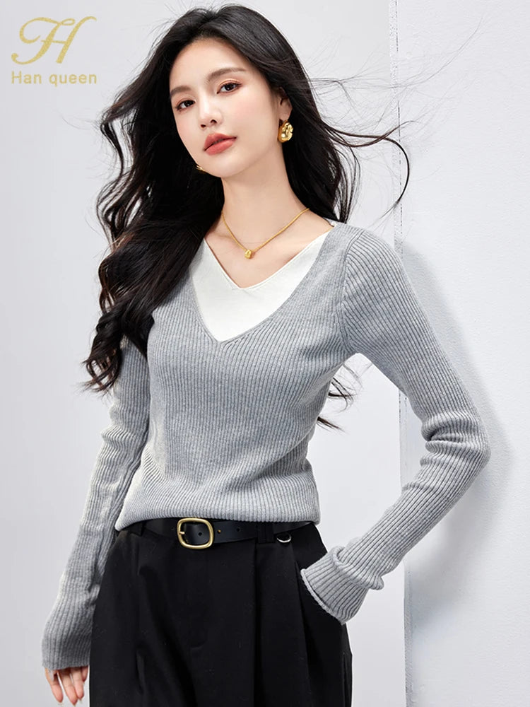 H Han Queen Autumn Winner Pullovers Sweaters Color Blocking Women Vintage Casual Tops Long Sleeve Knitwear Sweater