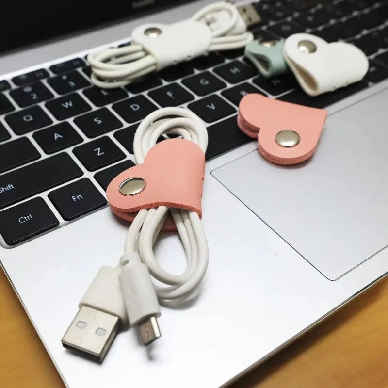 Heart-Shaped Faux Leather Cable Cord Winder Organizer Cable Management Clips for Headphones