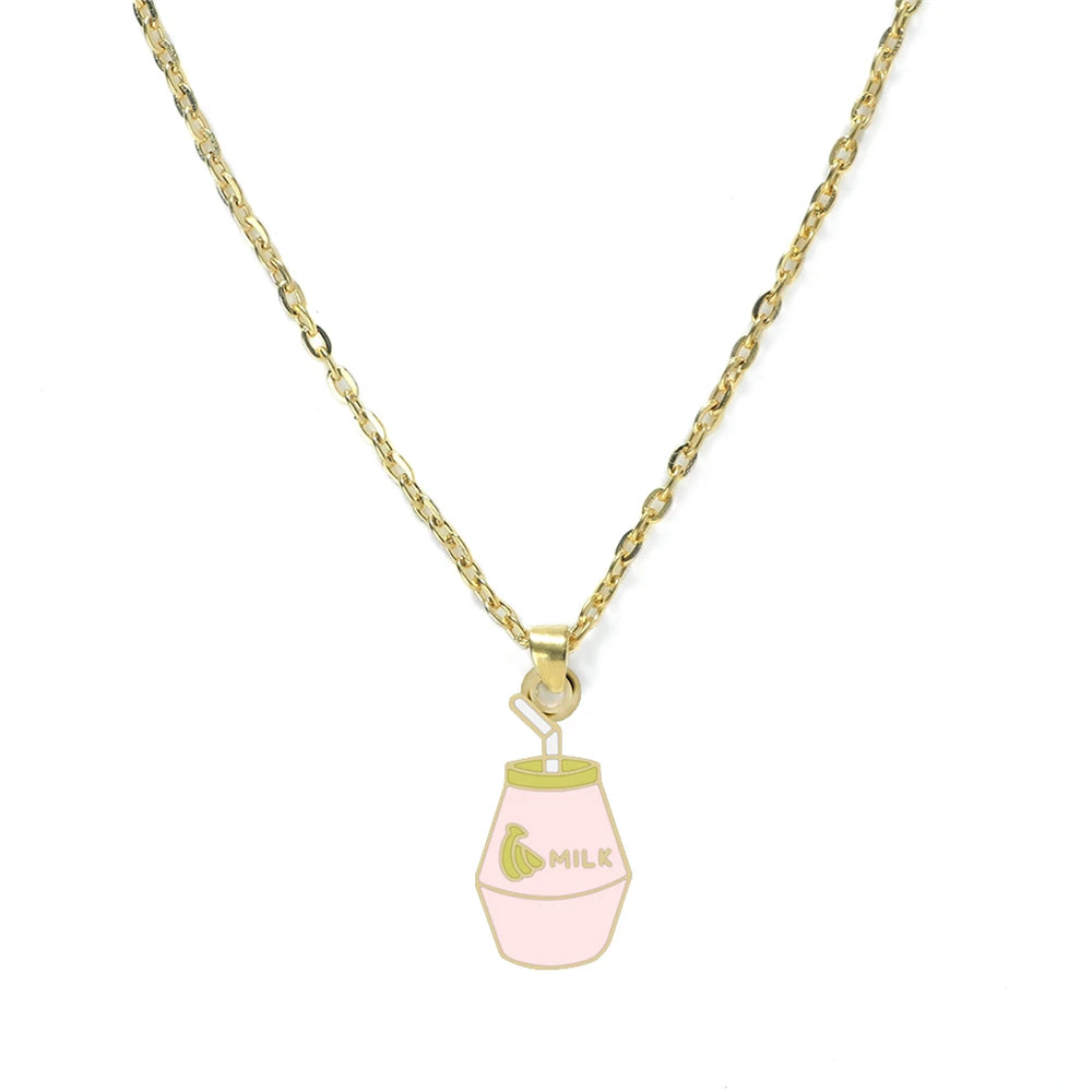 Cartoon Banana Milk Bottle Pendant Necklace with Lobster Clasp Protect Gold Silver Color Alloy Chain Jewelry Gift for Girl Women