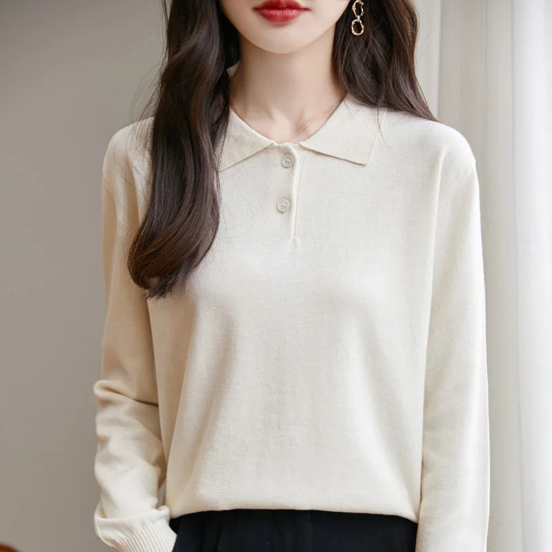 New Women Pure Cotton Sweater Polo Collar Pullover Casual Solid Color Knitwear Long Sleeve Autumn Winter Bottoming Clothing Tops