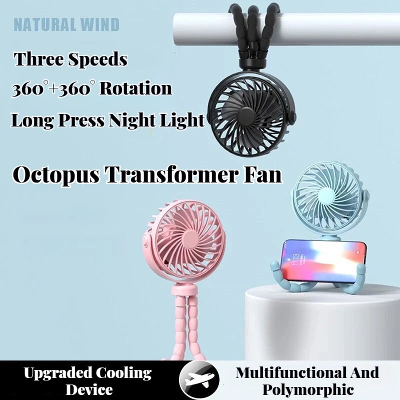 Portable Stroller Fan with Mini Night Light Handheld & Foldable Oscillating Design for Desktop Home Outdoor & Baby Stroller use