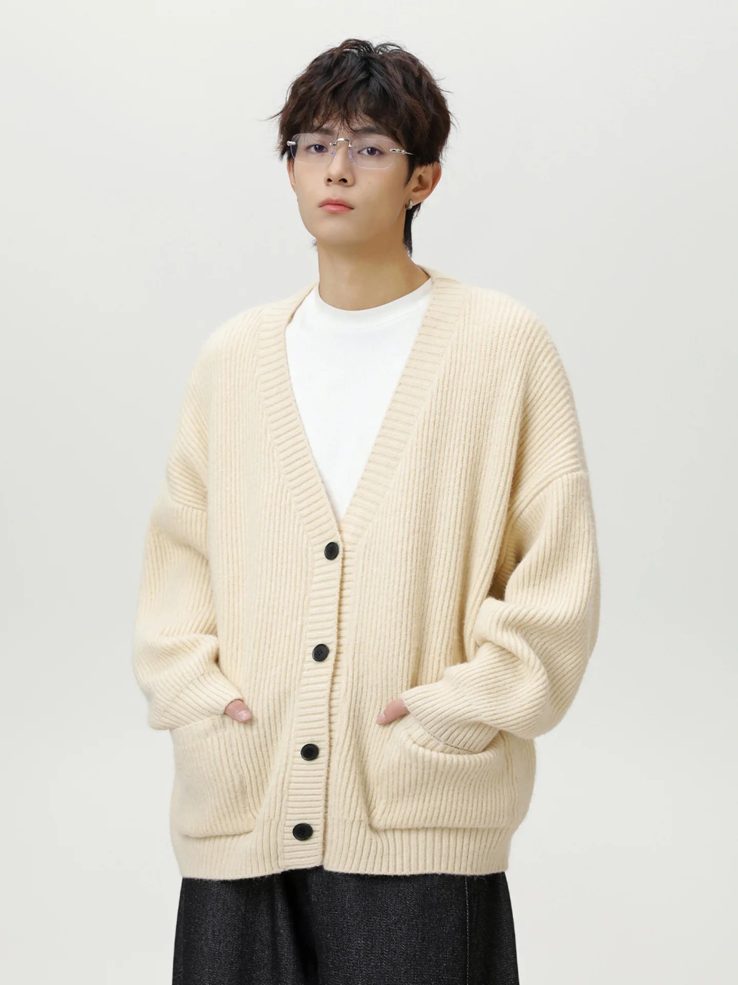 Thick Needle Texture Thickened Lazy Wind Cardigan Sweater Men's Autumn  Winter Keep Warm Retro Solid V-Neck Knit Sweater Jacket
